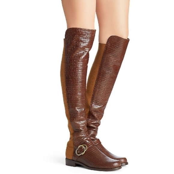 Stuart Weitzman Siella Leather Croc Embossed Riding Boots Gold Buckle 6 - Picture 1 of 11